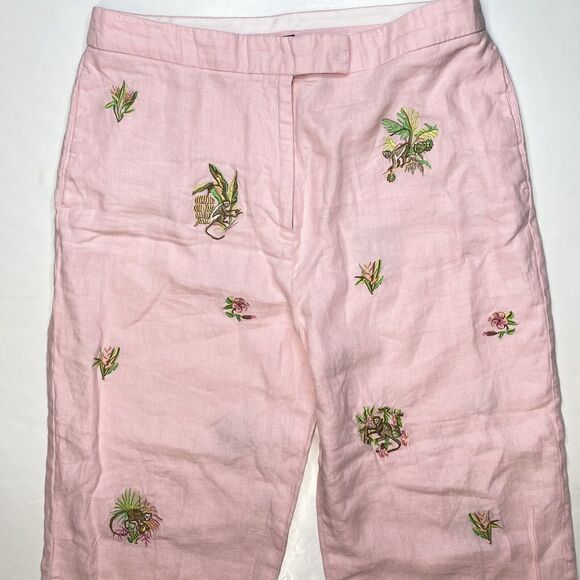 Rosanna Linen Wide Leg Crop Pant 14 (32"Waist) Pink Embroidered Monkeys Tropical - Picture 7 of 12
